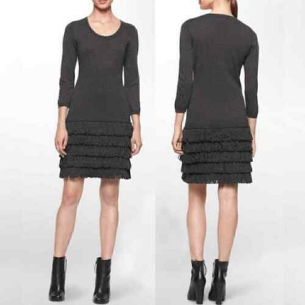 CALVIN KLEIN Cha Sweater Dress Women's size M Charcoal Gray Fringe Hem - NEW